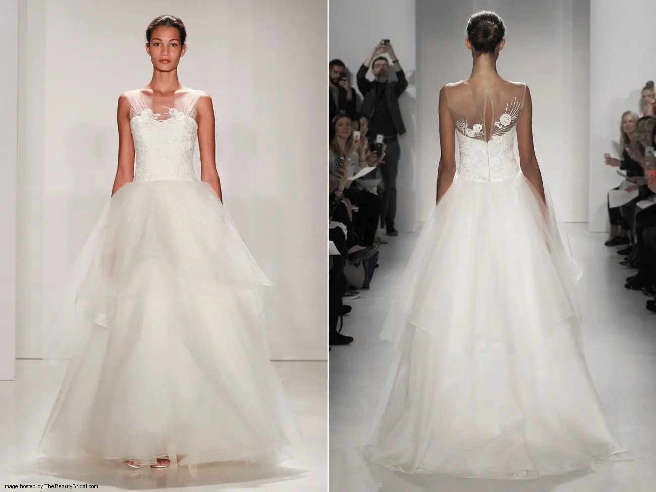 Amsale Fall 2015 ball gown wedding dress with a sheer sweetheart neckline hand beaded bodice and soft tulle tiered skirt