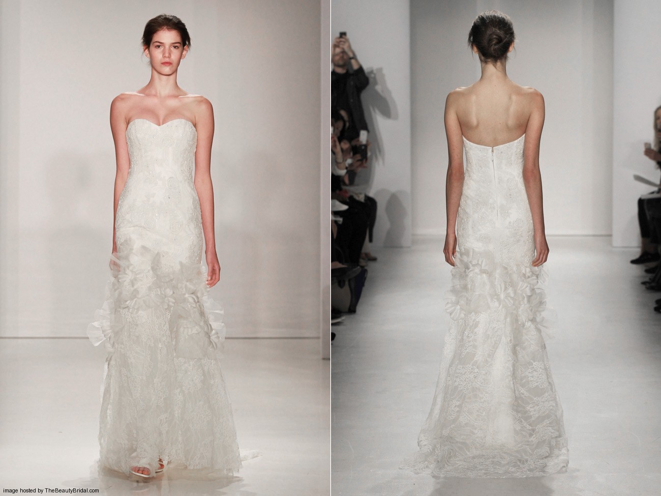 Amsale Fall 2015 corded lace column sheath wedding gown with strapless sweetheart crystal hand beaded and silk flower skirt Sytle Christa