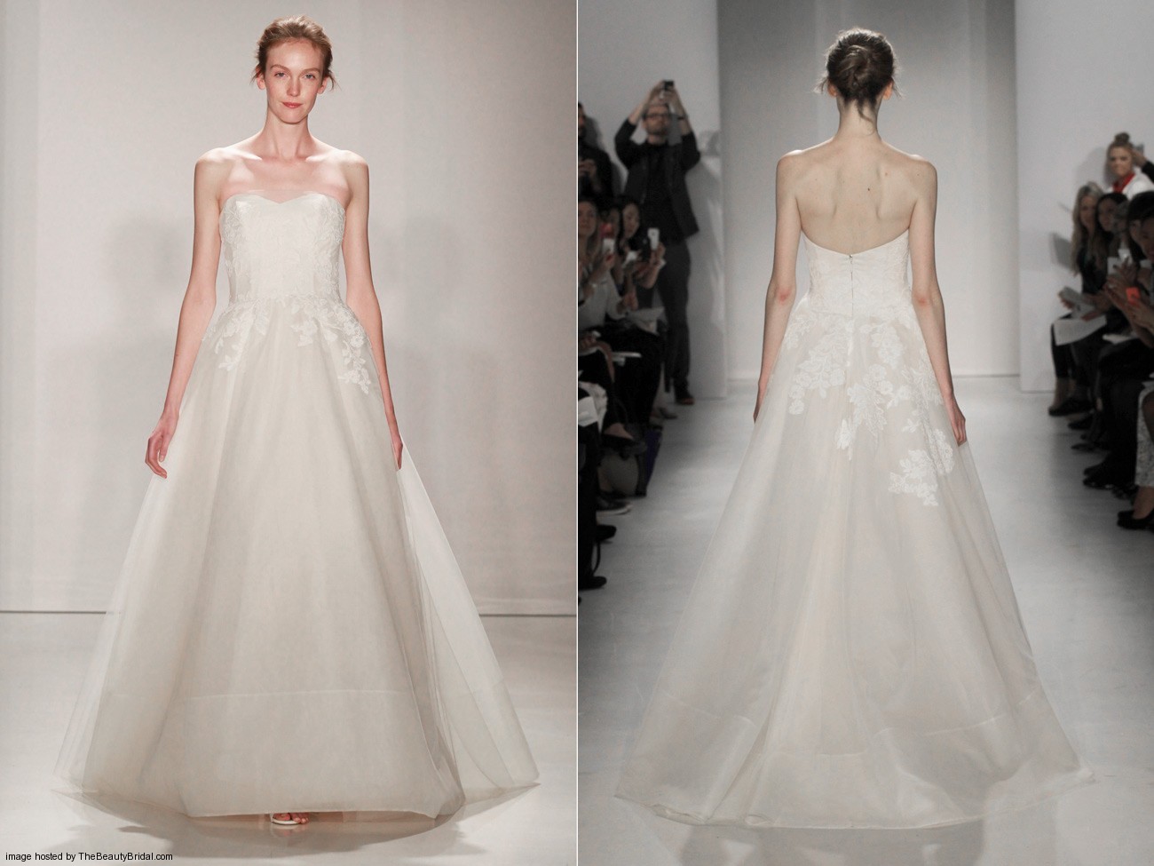 Amsale Fall 2015 strapless ball gown wedding dress with a sweetheart neckline and lyon lace hand appliqued Style Amal