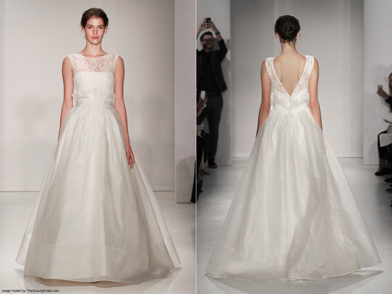 Amsale Fall 2015 taffeta ball gown wedding dress layered with textured silk organza and corded lace bodice and an illusion neckline