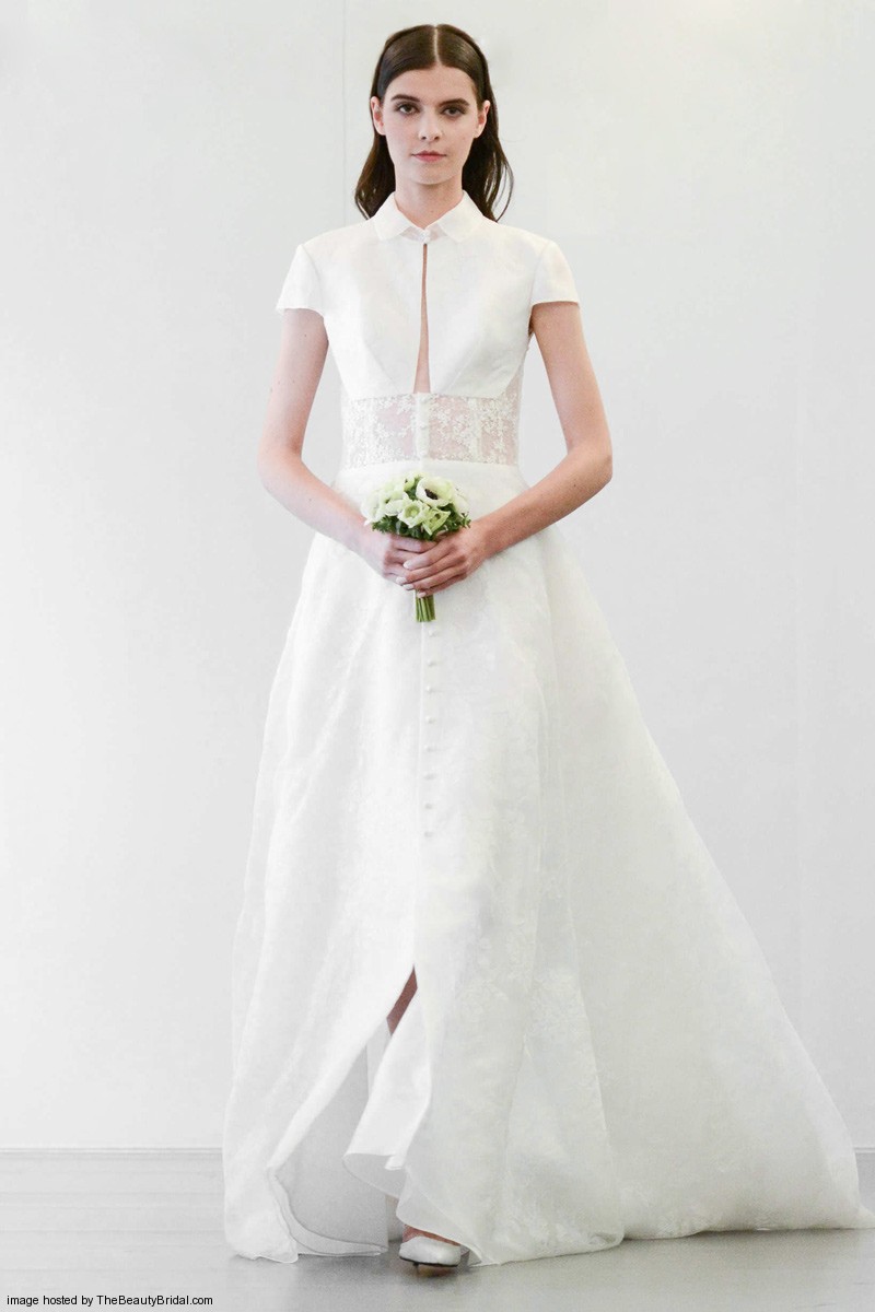 Angel Sanchez Fall 2015 A line bridal dress with lace illusion waist and a vintage jacket