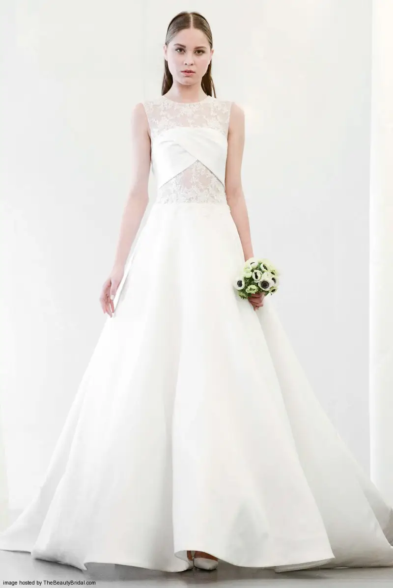 Angel Sanchez Fall 2015 A line wedding dress with a lace illusion high neckline and illusion waist