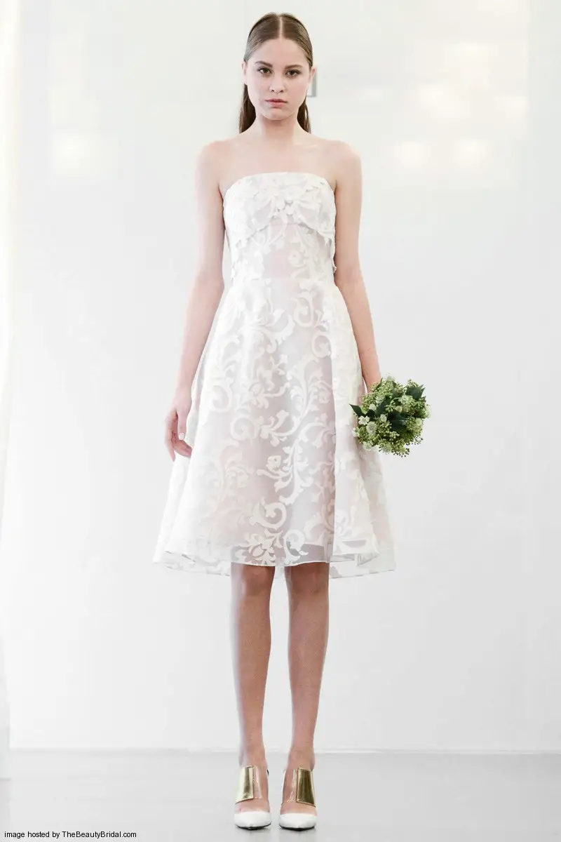 Angel Sanchez Fall 2015 lace knee length mini A line bridal dress with strapless neckline