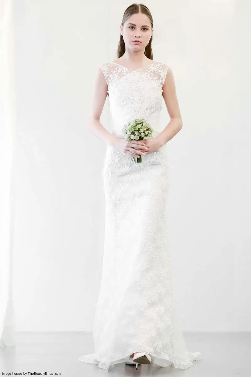 Angel Sanchez Fall 2015 lace sheath column wedding dress with a V neckline