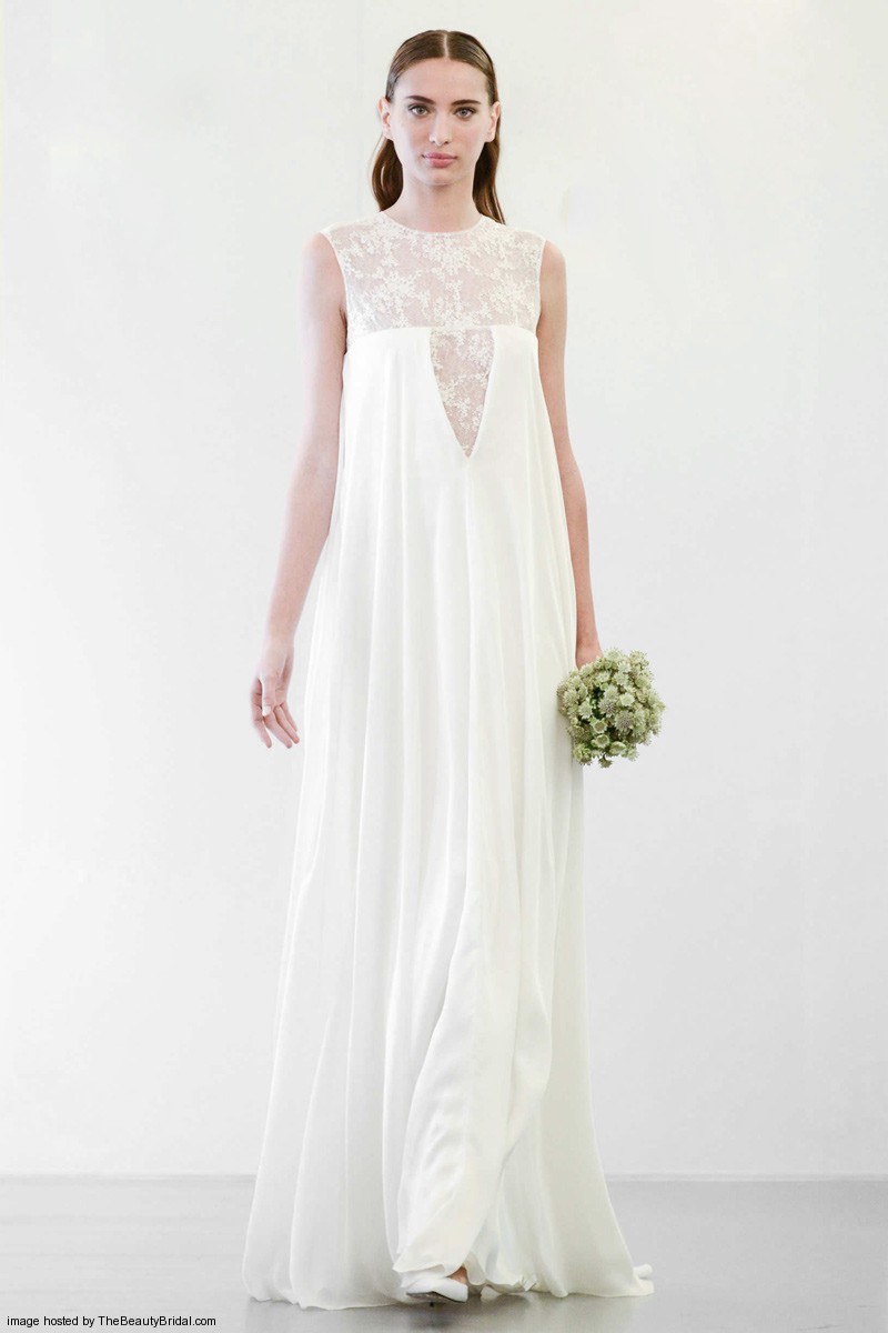 Angel Sanchez Fall 2015 sheath column wedding dress with lace illusion high neckline