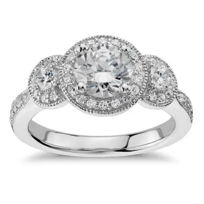 Blue Nile Three Stone Milgrain Halo Diamond Engagement Ring