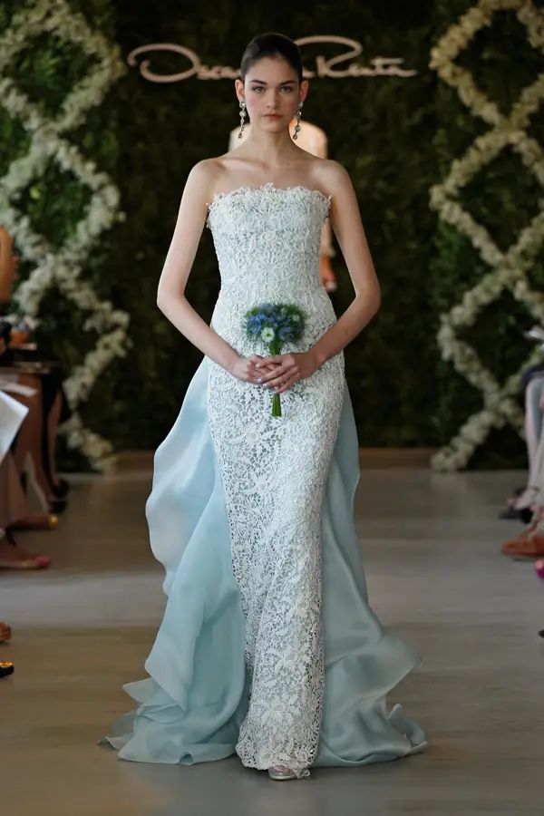 Bridal gown with BLUE SATIN FACED ORGANZA RUFFLE TRAIN