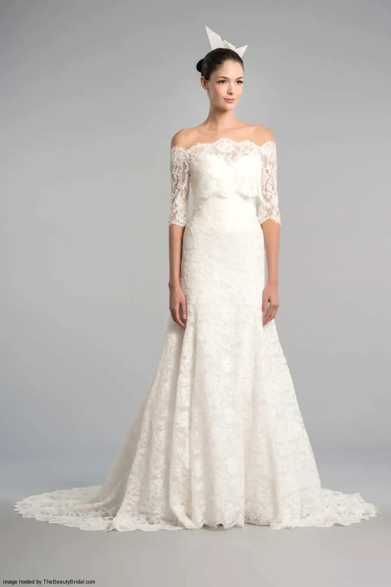 Carolina Herrera Fall 2015 feminine lace off the shoulder wedding dress with three quarter sleeves