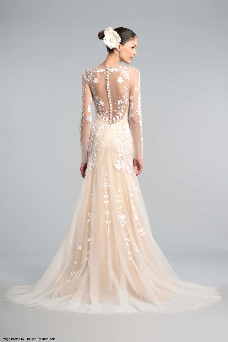 Carolina Herrera Fall 2015 peach trumpet bridal gown with illusion back and long illusion sleeves