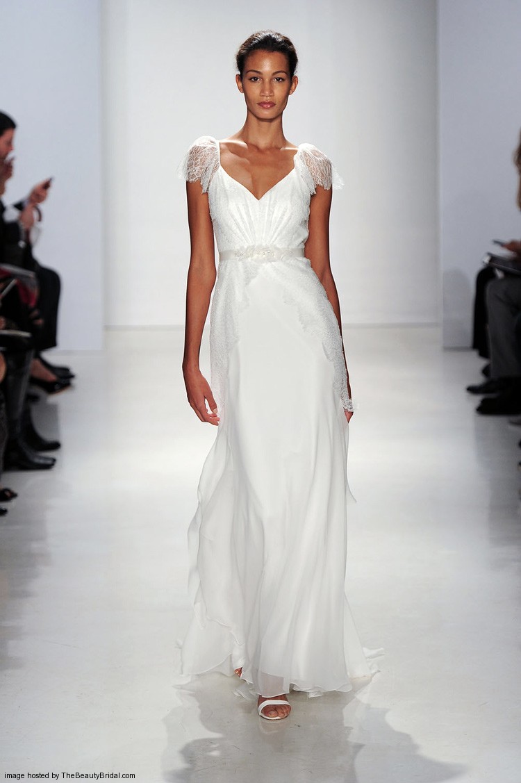 Christos Fall 2015 Sheath column V neck silk chiffon wedding dress with short Chantilly lace sleeves and a beaded belt