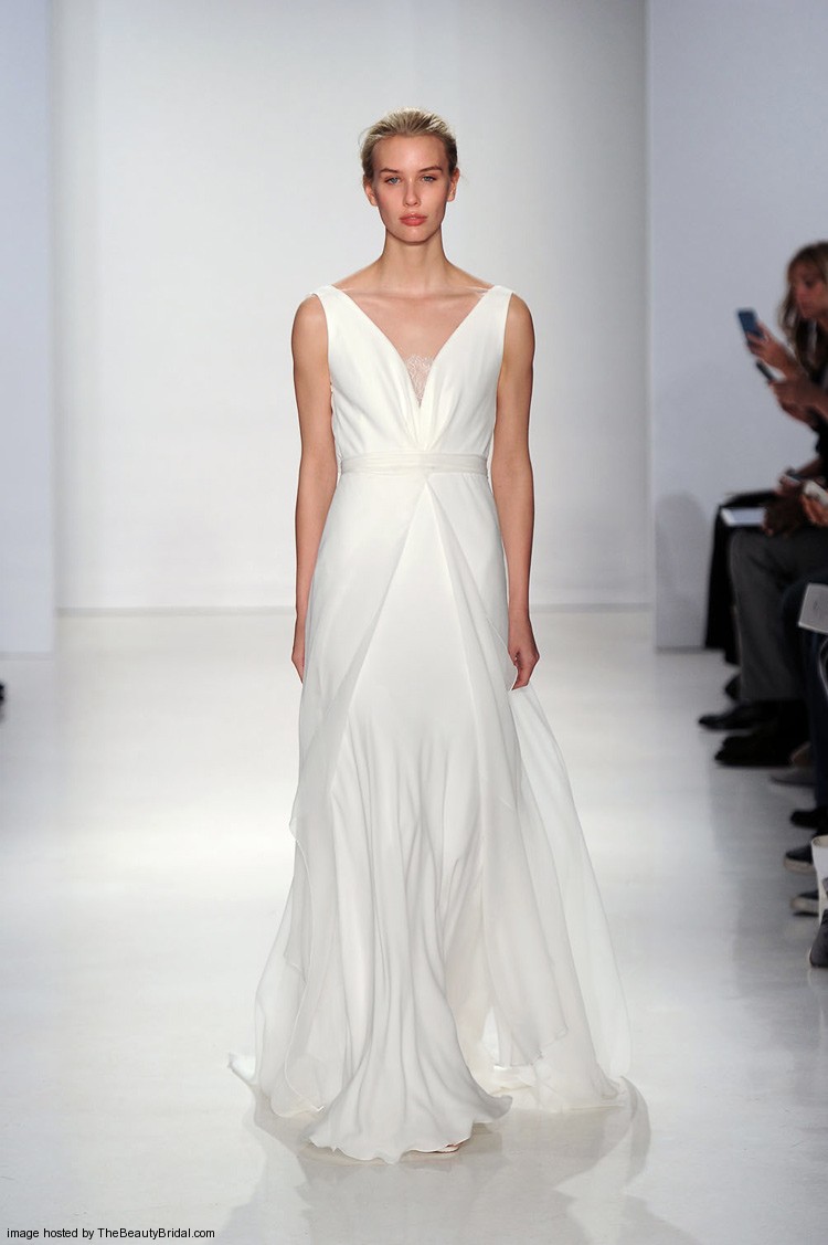 Christos Fall 2015 V neck sheath column silk chiffon wedding dress with draped back