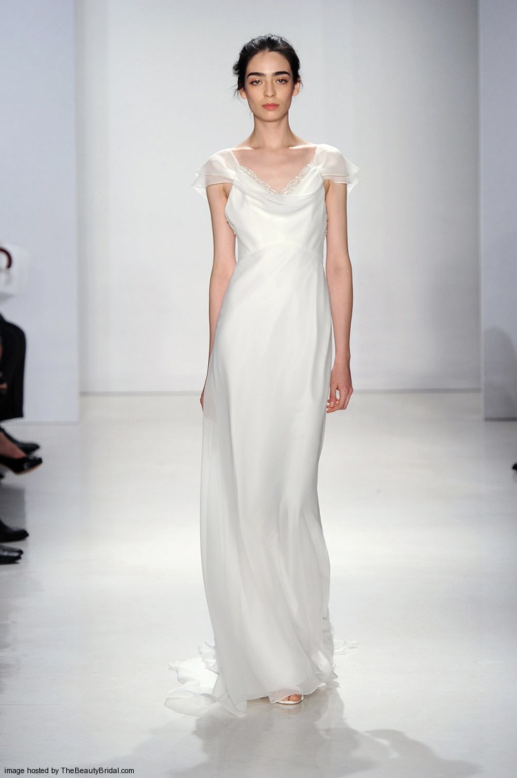 Christos Fall 2015 column sheath chiffon wedding dress with a cowl neck and cap sleeves