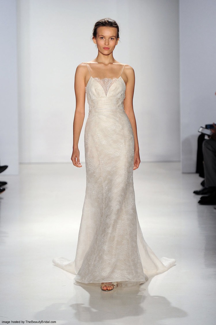 Christos Fall 2015 sheath column V neckline silk organza wedding dress layered with Chantilly lace