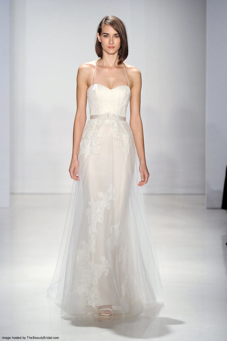 Christos Fall 2015 tulle lace A line bridal dress with spaghetti straps and strapless sweetheart bodice