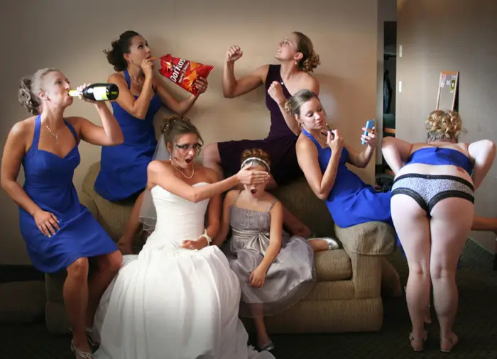 Drunk bridesmaids wedding photo