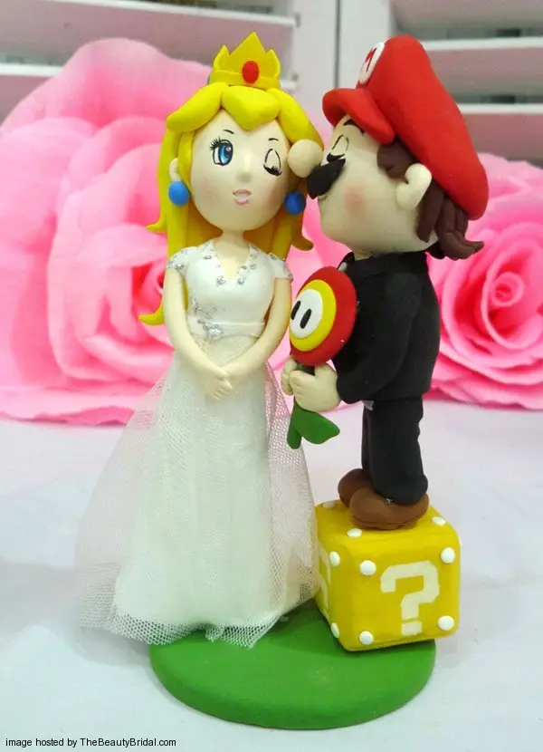 Funny clay doll wedding cake topper Super Mario and Princess