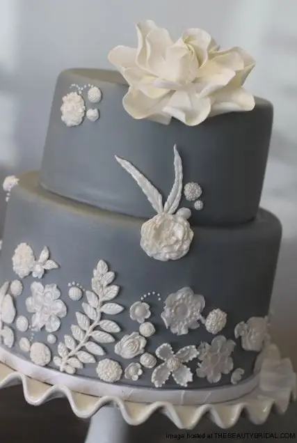 Grey White Sugar Flower Wedding Cake