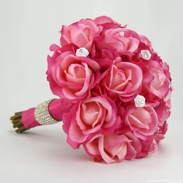 Hot Pink Silk Roses Bridal Bouquet