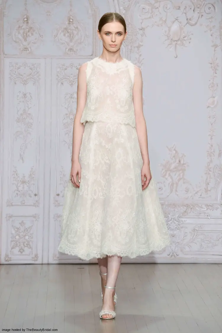 Monique Lhuillier Fall 2015 A line wedding dress with a tea length ballerina skirt