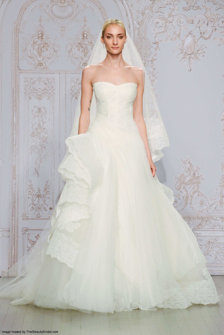 Monique Lhuillier Fall 2015 Strapless lace and tulle asymmetrical ball gown wedding dress