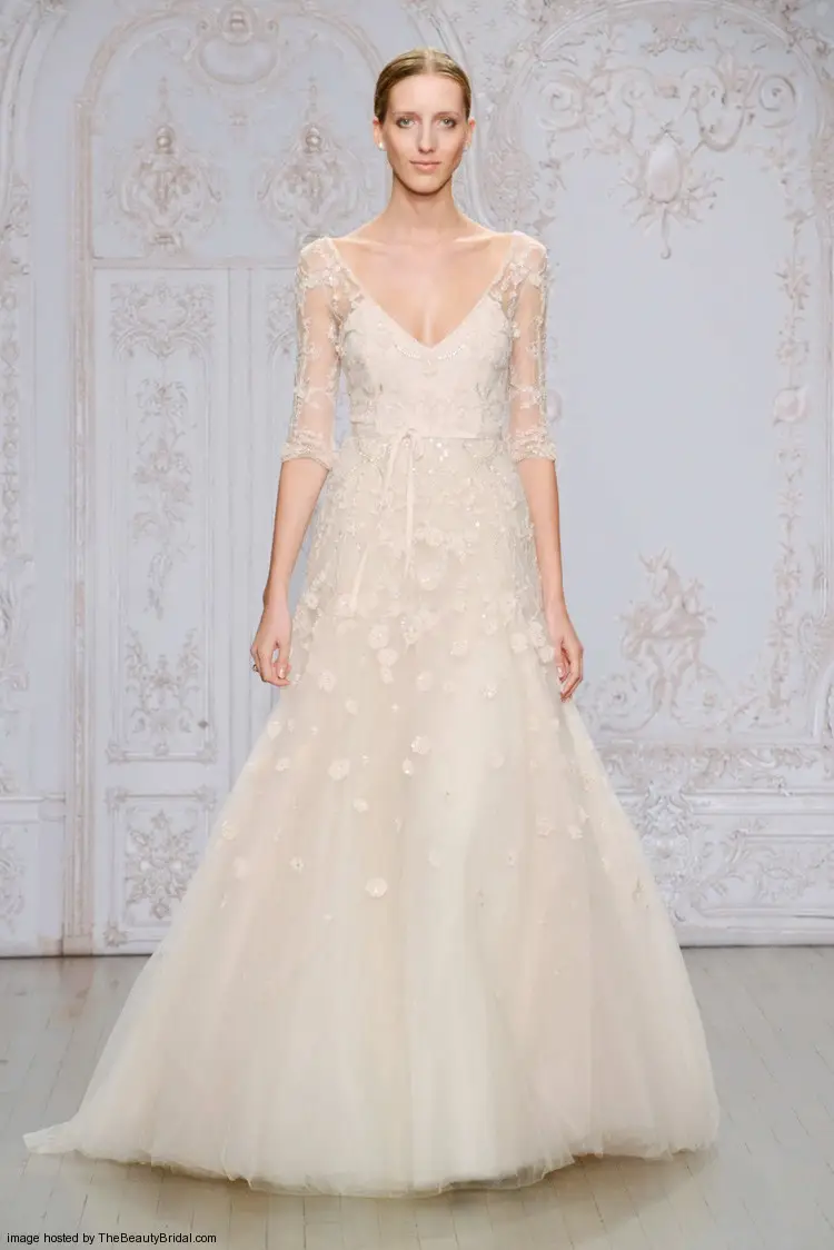 Monique Lhuillier Fall 2015 blush A line wedding dress with a V neckline and illusion three quarter sleeves