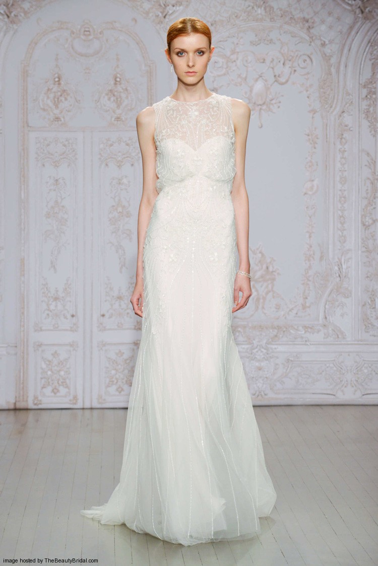 Monique Lhuillier Fall 2015 column bridal dress with a sheer neckline