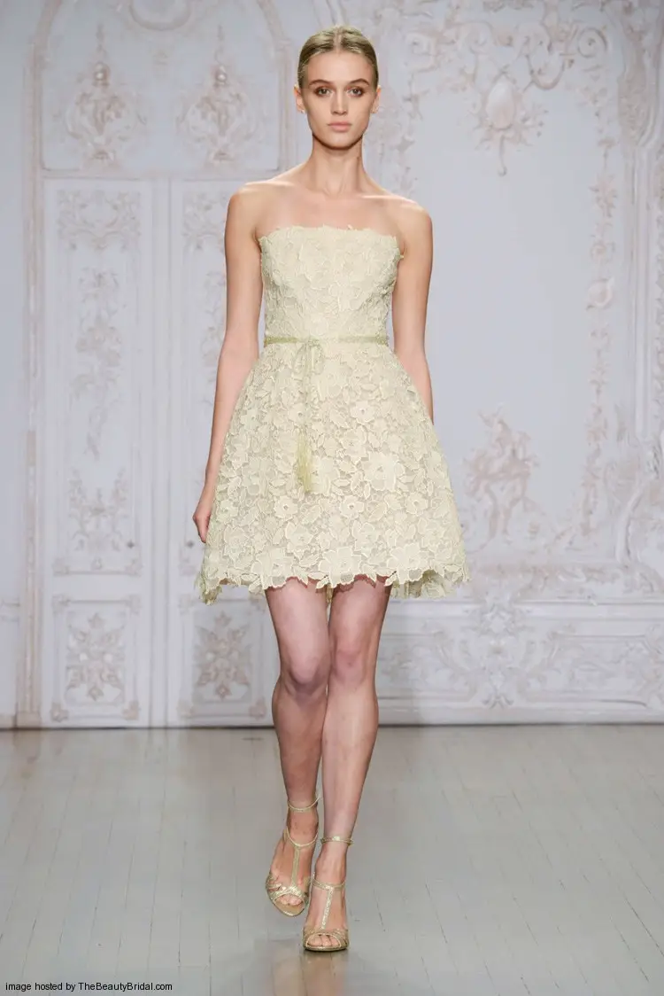 Monique Lhuillier Fall 2015 pretty ivory strapless short lace wedding with a sash belt