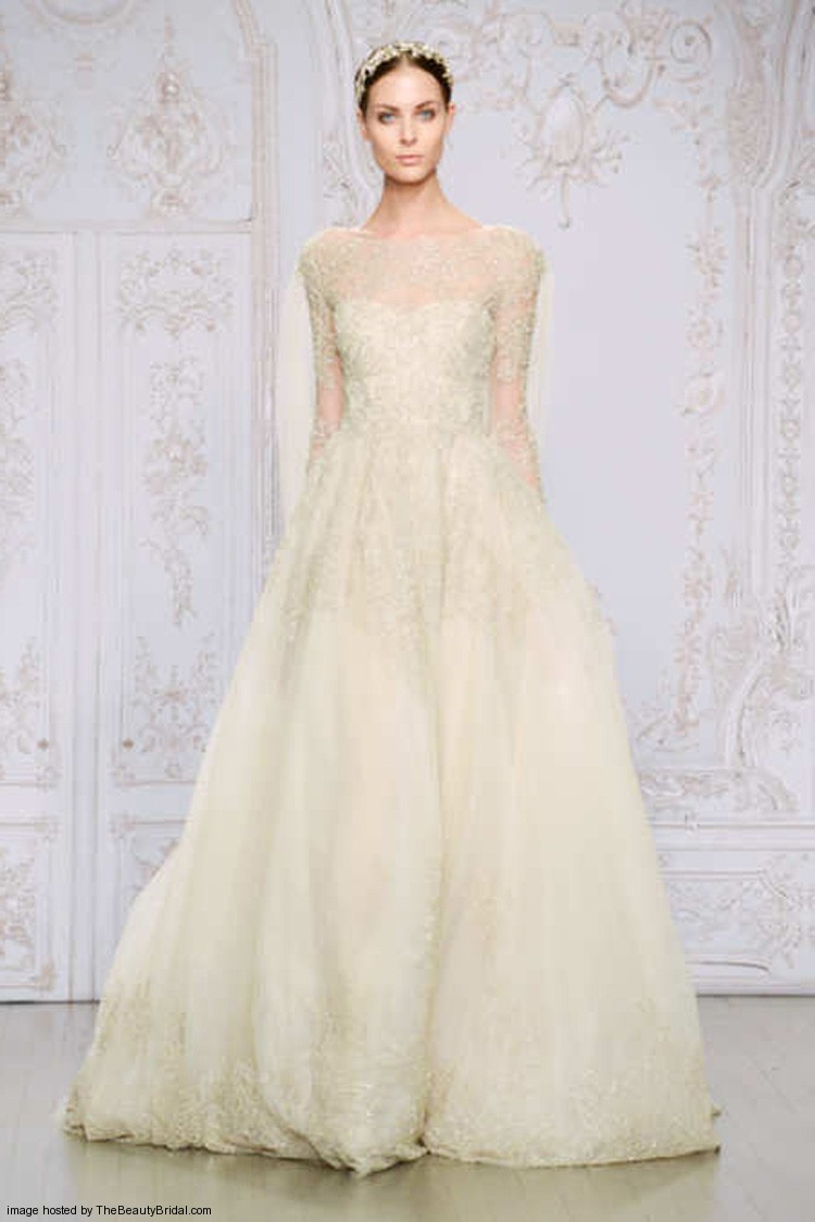 Monique Lhuillier Fall 2015 rose gold embroidered tulle ball gown wedding dress with illusion long sleeves