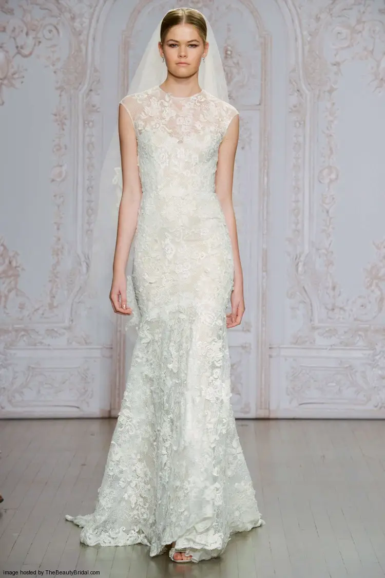 Monique Lhuillier Fall 2015 sheath wedding dress with a high illusion neckline