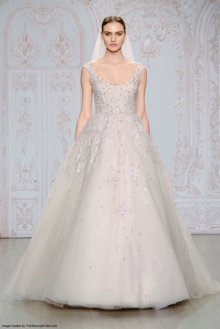 Monique Lhuillier Fall 2015 sleeveless lavender tulle ball gown wedding dress and a scoop neckline