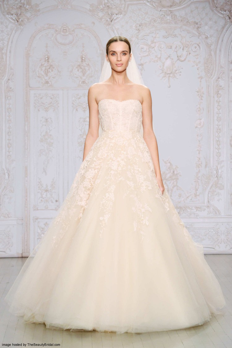 Monique Lhuillier Fall 2015 strapless blush embroidered lace ball gown wedding dress with a sweetheart neckline