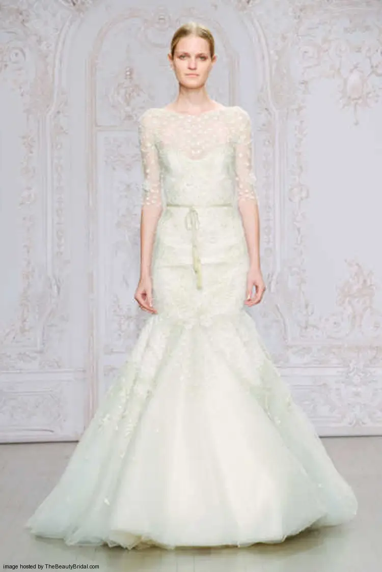 Monique Lhuillier Fall 2015 trumpet gown wedding dress with an illusion neckline and sweetheart bodice