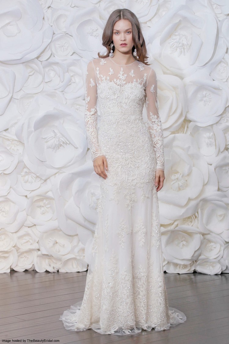 Naeem Khan Fall 2015 long sleeve tulle beaded sheath wedding dress with a high neckline