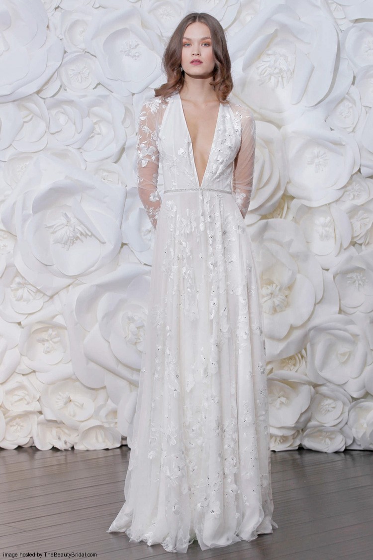 Naeem Khan Fall 2015 long sleeves A line wedding dress with a deep V neckline