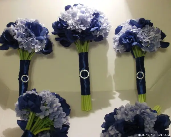 Navy Rose and Blue Hydrangea Wedding Bouquets