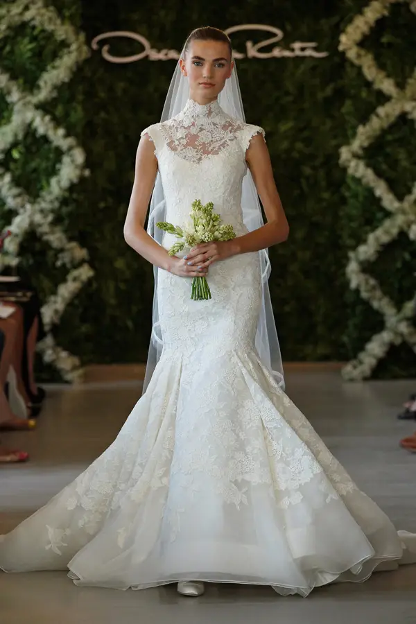 Oscar de la Renta 2013 lace high neckline bridal gown