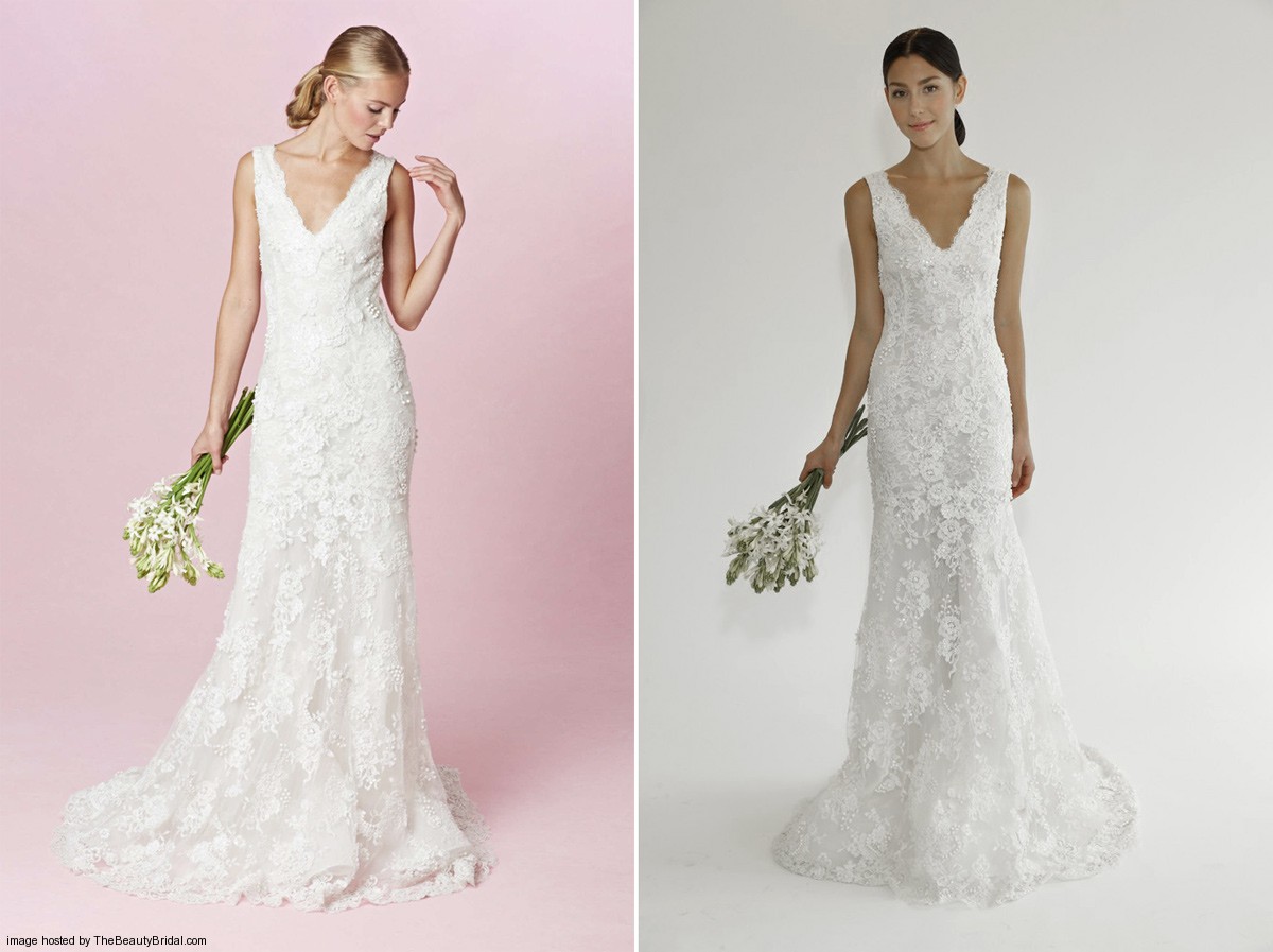 Oscar de la Renta Fall 2015 lace sheath wedding dress with a V neckline