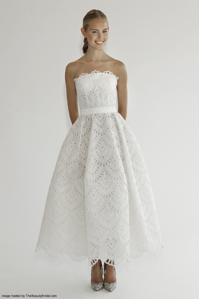 Oscar de la Renta Fall 2015 lace strapless tea length wedding dress