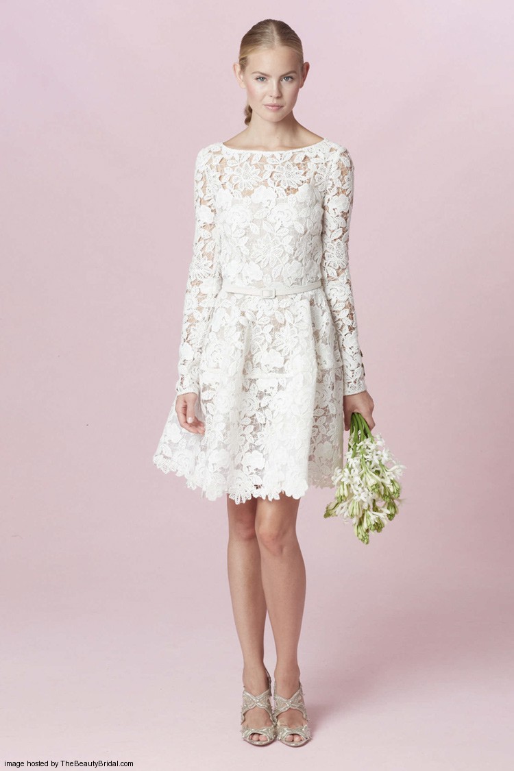 Oscar de la Renta Fall 2015 short lace wedding dress with long sleeves and a bateau neck