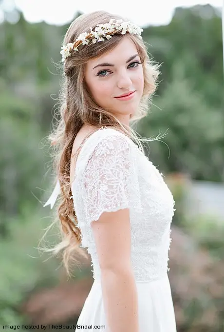 Rustic white floral crowns wedding hairstyle