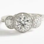 Three Stone Milgrain Halo Diamond Engagement Ring in 14k white gold