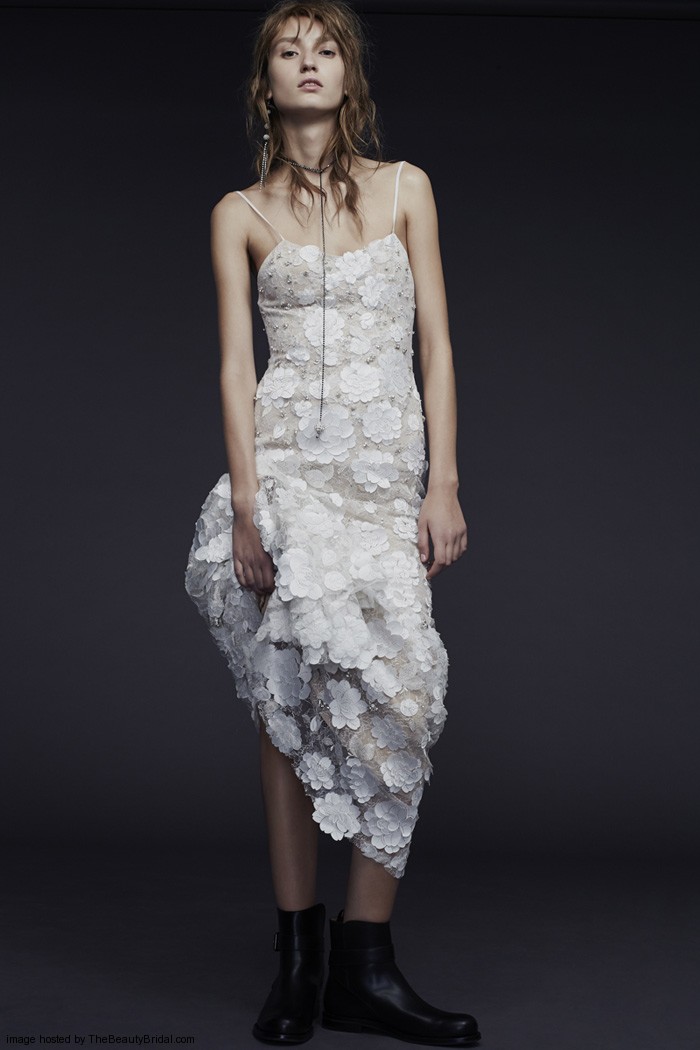 Vera Wang Fall 2015 nude spaghetti strap chantilly lace wedding gown with hand applique lace