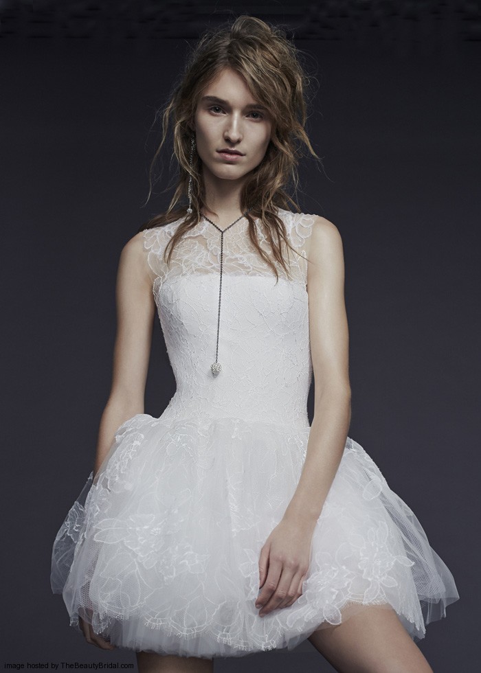 Vera Wang Fall 2015 short wedding dress with sheer neckline