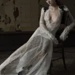 Vera Wang Spring 2016 lace illusion gown with a deep V neckline and long sleeves