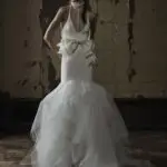 Vera Wang Spring 2016 mermaid wedding dress with high illusion neck and a bow belt