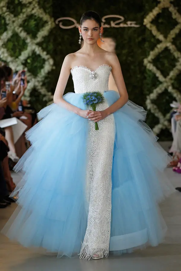 sweetheart column bridal gown with blue tulle tiered